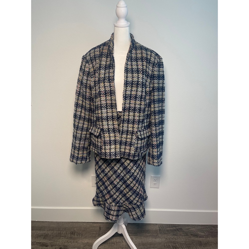 Vtg Fancy Lady Womens 1X Plaid Tweed Suit Set Blue‎ Multi Color Textured Chic